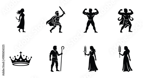 Ancient Greek mythology silhouette icons, set of 8 vector elements featuring gods and warriors, classical antique character silhouettes for history and education