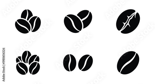 Minimalist coffee bean icons set, black roasted coffee seed vector illustrations, organic espresso bean silhouettes for cafe branding and menu design