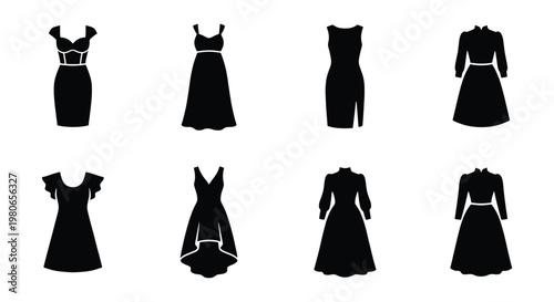 Black dress silhouette icons set, collection of 8 female fashion garment vectors, elegant evening gown and cocktail dress apparel symbols