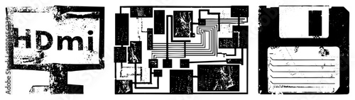 Retro tech symbols including HDMI display, abstract circuitry, and floppy disk, rendered in gritty black and white vector art. Grunge texture adds aged, analog feel to digital relics.