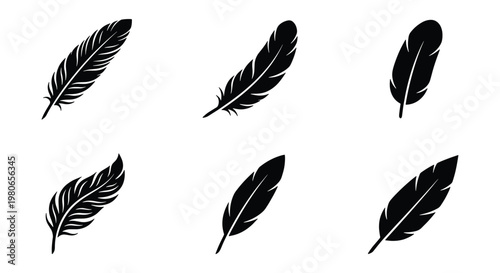 Black feather silhouettes set, collection of 6 bird feather vector icons, elegant quill pen symbols for writing and literature, minimalist plumage graphics