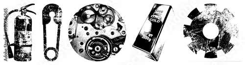 Classic fire extinguisher, safety pin, intricate watch mechanism, gold bullion bar, industrial saw blade all as isolated vector with halftone texture and gritty aesthetic.
