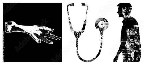 Stylized medical hand, stethoscope with diaphragm, doctor silhouette, graphic design, healthcare, medical symbols, black and white vector art.