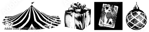 Black and white halftone illustrations striped tent, wrapped present, ace of card, diamond ornament. Classic graphic design elements with gritty texture.