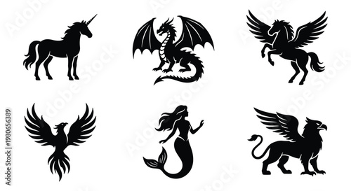 Mythical creatures silhouette collection, set of 6 fantasy monster icons, black dragon unicorn and mermaid vectors, griffin phoenix and pegasus symbols