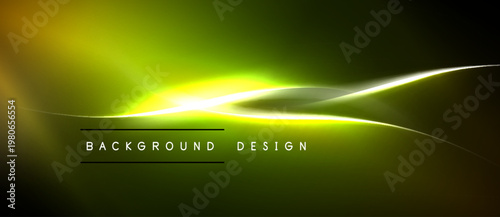 Abstract neon lines create vibrant glow. Dark background emphasizes bright yellow, green energy flow. Modern design element.