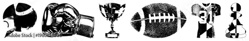 Boxing glove, trophy, football, jersey, chess piece, helmet classic athletic and gaming rendered in halftone vector style for digital use.