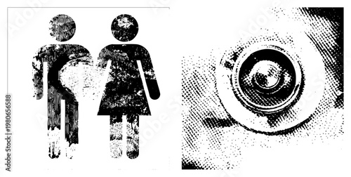 Retro gender restroom rendered in halftone dot, distressed texture, bathroom signage, public facility symbols, stylized human figures.
