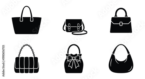 Minimalist handbag icon set, 6 black vector fashion bag silhouettes, modern female purse and tote collection for retail and shopping apps