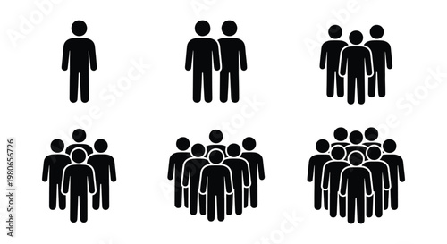 Minimalist people icons set, black human figure silhouettes representing population growth and group size, 6 vector elements for social data