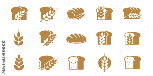 Set of bakery logo icons with bread and wheat stalks. Brown vector illustrations for artisan bakeries, organic food shops, and flour branding.