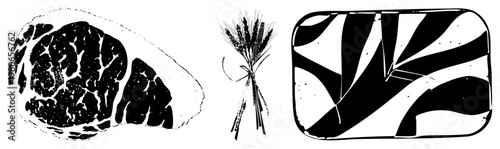Charcoal style steak cut with marbling, wheat bundle tied with string, abstract bread slice with zebra stripe, vector art.