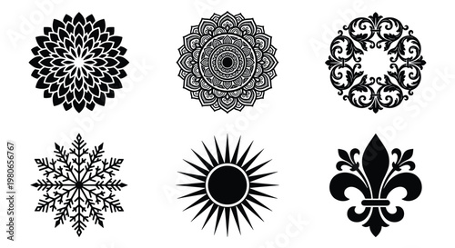 Vintage ornamental vector icons set, black mandala and fleur de lis symbols, decorative sun and snowflake elements for branding and logo design