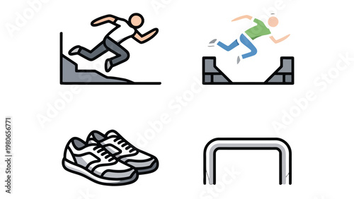 Runner and hurdles symbols: Energetic icons display an individual sprinting and leaping over obstacles, along with a pair of running shoes, and a symbolic hurdle.