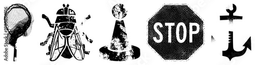 Retro styled halftone graphic set featuring fly, anchor, stop sign, and fishing net. Grunge texture,, stylized symbols, vector art.