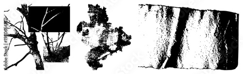 Stylized tree branches, rough bark textures, halftone splatter effects, graphic elements, vector art composition.
