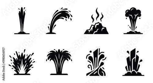 Black geyser and volcano eruption icons, set of 8 natural disaster and water fountain vector symbols, volcanic steam and liquid splash silhouettes