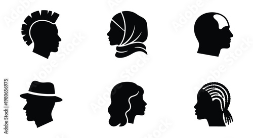 Diverse human profile silhouettes, set of 6 people head icons with different hairstyles and headwear, multicultural avatar vector collection
