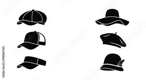 Vintage hat collection, set of 6 black headwear vector icons, classic fashion headgear silhouettes including beret, sun hat, and newsboy cap