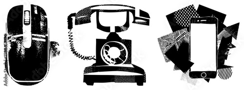 Retro communication devices rendered in halftone, including rotary phone, gaming mouse, and modern smartphone, isolated vector art.