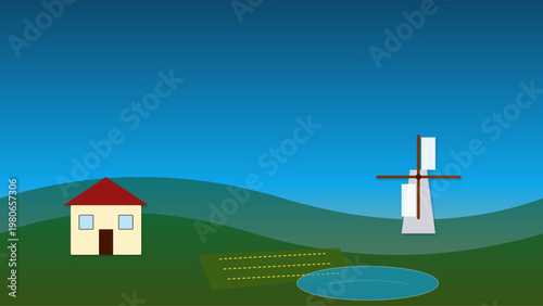 High Fidelity Village Landscape with Windmill Traditional Farm and Irrigation Systems