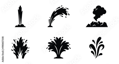 Black silhouette geyser and water splash icons, 6 natural fountain and volcano eruption elements, liquid spray and steam burst vector set