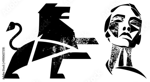 Black and white vector art featuring a stylized lion and human face, fragmented shapes, graphic illustration, bold contrast, artistic composition, symbolic representation.