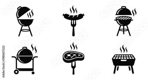 Barbecue grill icon set with 6 black vector elements, outdoor cooking equipment symbols, BBQ steak and sausage on fork illustrations for menus