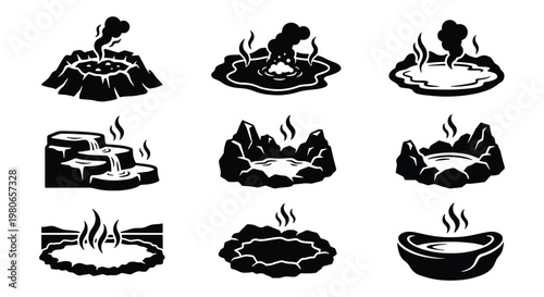 Geothermal hot springs and volcanic geyser icons set. Black and white thermal pool illustrations. Natural spa and volcanic landscape elements.