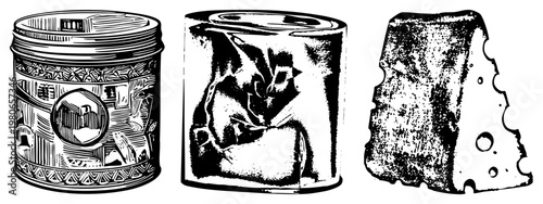 Classic tin can with ornate label, dented metal can, cheese wedge with holes, black and white halftone style, food packaging design.