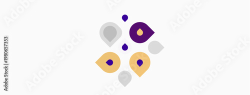 Abstract design features colorful droplet shapes. Minimalist composition with purple, gray, yellow hues. Clean aesthetic, simple form.