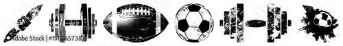 Set of athletic gear symbols including knife, dumbbell, American football, soccer ball, barbell, and splatter design all rendered with gritty, weathered effects for urban or rugged themes.