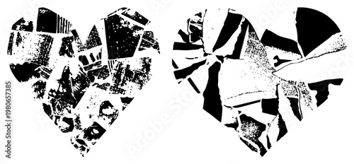 Broken heart symbolized by fragmented, halftone texture, graphic art, emotional, vector illustration, style, digital art.