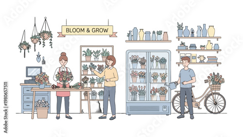 Bloom and Grow: An inviting and meticulously organized flower shop. Customers and a friendly florist engage in a vibrant setting.