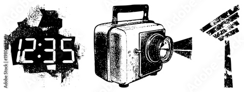 Pixelated digital time display, classic film camera with lens and handle, radio tower with antennas all rendered in halftone dot, vector graphics for UI or retro design projects.