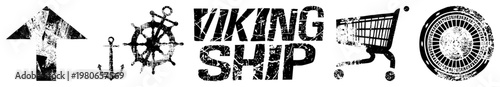 Grunge style Viking ship logo with anchor and steering wheel, paired with shopping cart, distressed typography, maritime branding, vector design.