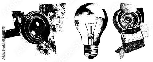 Retro camera lens, incandescent bulb, film camera rendered in halftone style with distressed textures, vector art, creative symbols.