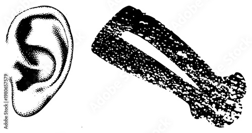 Anatomical ear and assistive hearing aid rendered in halftone dot, medical illustration, device, aid, sensory organ, technology.