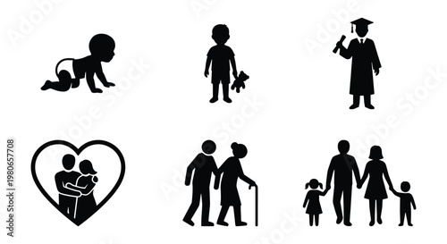 Human life cycle silhouettes, 6 black vector icons of aging process, family development and growth stages from baby to elderly senior