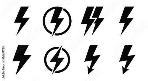 Lightning bolt icon set, black electric power symbols, collection of 8 minimalist thunderbolt vector elements for energy and charging UI design