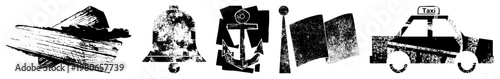 Nautical bell, anchor, ship hull, flag, taxi cab stylized distressed halftone symbols, urban maritime motifs, graphic design elements, vector.