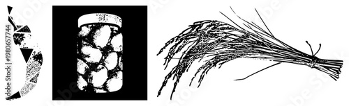 Stylized abstract form, textured stone jar with pebbles, rice sheaf bundle vector for design. Also known as geometric art, rustic jar, harvest bundle symbol.