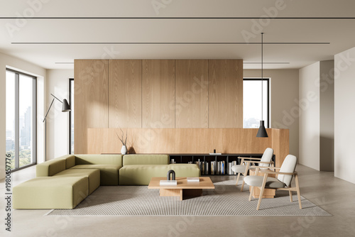 Minimalist living room interior with wooden panel wall, modern furniture, large windows, soft neutral palette, serene atmosphere. 3D Rendering