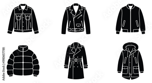 Black jacket icons set, outerwear clothing vector silhouettes, winter coats and fashion apparel collection, 6 garment elements for retail design