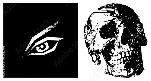 Graphic eye symbol with sharp angles and gritty texture, paired with distressed skull. Vector design elements for branding or tattoo art. Alternative terms watchful eye, ominous skull.