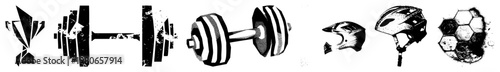 Trophy, dumbbell, barbell, helmet, soccer ball fitness and sport, vector symbols, athletic gear, competition motifs, graphic elements.
