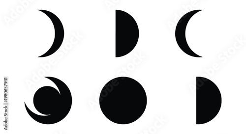 Minimalist moon phases vector set, black lunar cycle icons on white background, 6 celestial moon silhouettes for astronomy and astrology design