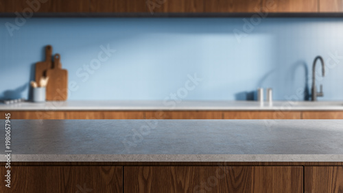 Modern kitchen interior with stone countertop surface for product mockup and presentation in blurred background design architecture style. 3D Rendering