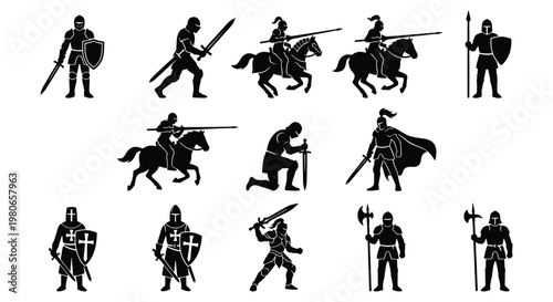 Medieval knight silhouettes set, 13 warrior icons with swords and shields, black armored soldiers and cavalry on horseback vector collection