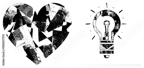 Shattered heart representing heartbreak, emotional pain, or relationship end glowing lightbulb symbolizing inspiration, innovation, or new beginning. Both rendered in halftone style.